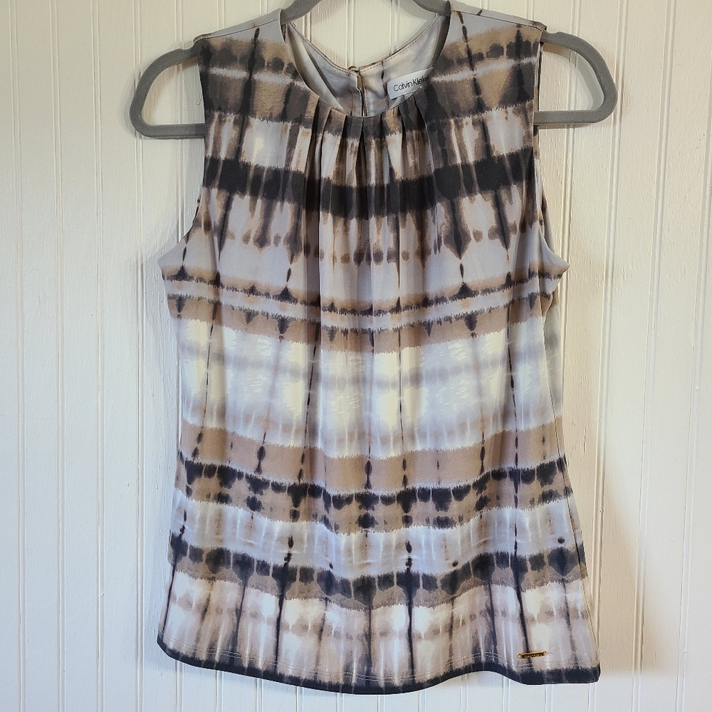 Calvin Klein Suit Separates Pleat Neck Knit Top, Gray, Tan, White, Medium